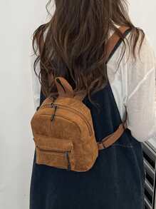Mini Pocket Front Corduroy Backpack - Brown - View 1