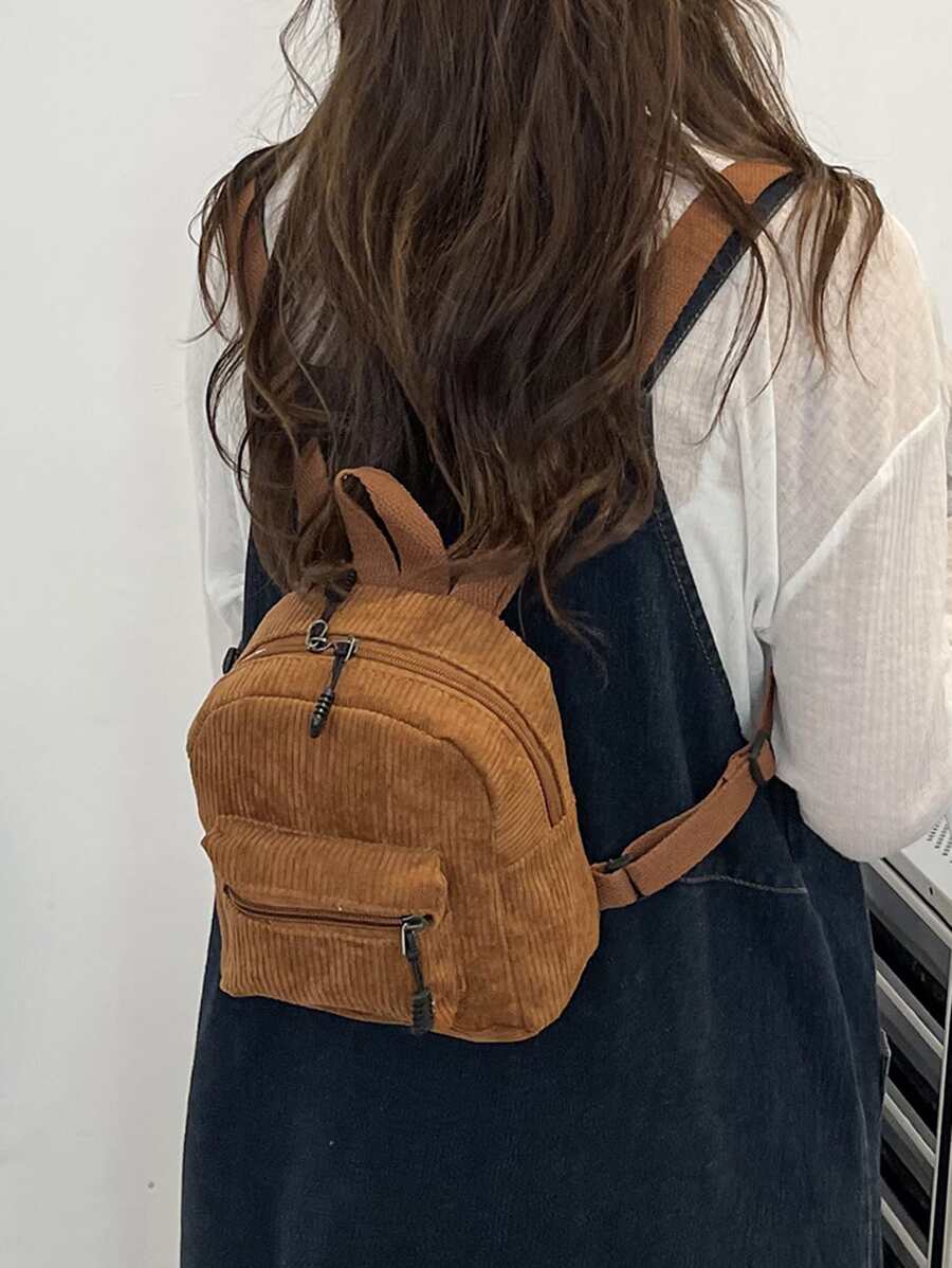 Mini Pocket Front Corduroy Backpack - Brown - View 1