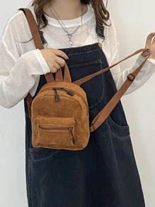 Mini Pocket Front Corduroy Backpack - Brown - View 2