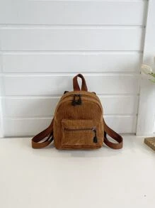 Mini Pocket Front Corduroy Backpack - Brown - View 3