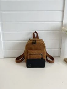 Mini Pocket Front Corduroy Backpack - Brown - View 4