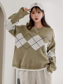 DAZY 菱形圖案下垂肩毛衣 - 軍綠色 - 查看 3
