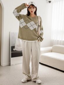 DAZY 菱形圖案下垂肩毛衣 - 軍綠色 - 查看 4