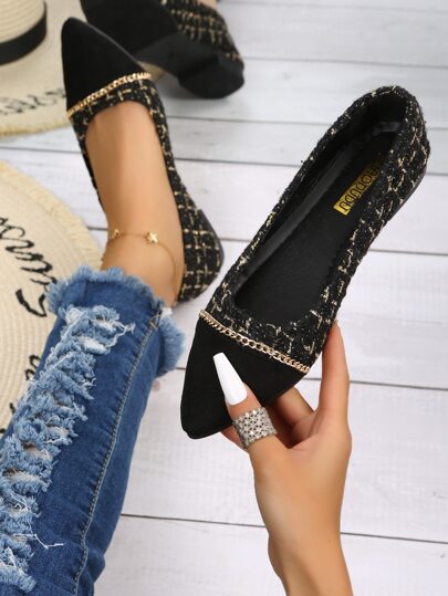 Fall/Winter Splicing Design Chain Decor Ballet Flats, Black Elegant Metal Chain Plaid Women's Flat Shoes
