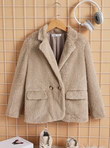 SHEIN Girls Double Button Flap Detail Coat - Apricot - View 1