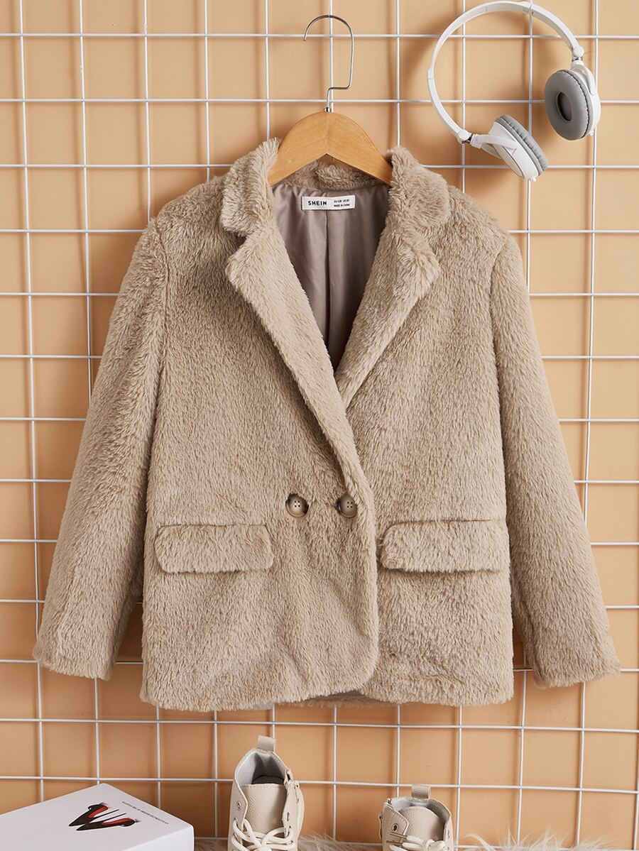 SHEIN Girls Double Button Flap Detail Coat - Apricot - View 1