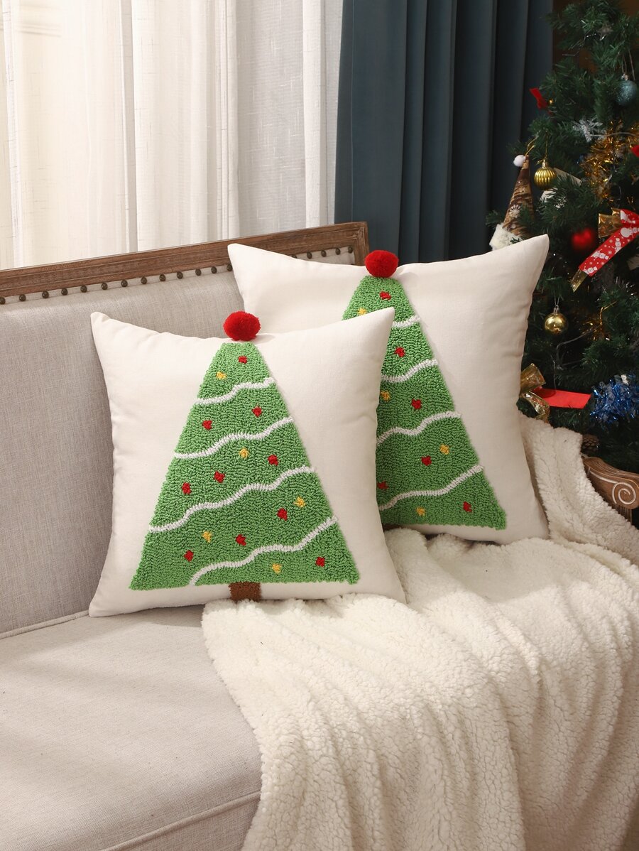 Miater 1pc Canvas Gingerbread Man & Christmas Tree Embroidered Pillowcase - Multicolor - View 1