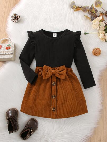 Young Girl Ruffle Trim Tee & Bow Front Corduroy Skirt