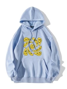 SHEIN Unity Hoodie In mặt cười Dây rút Lót nhiệt - Màu xanh nhạt - Xem 1