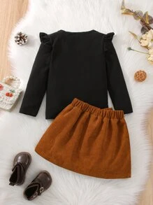 Young Girl Ruffle Trim Tee & Bow Front Corduroy Skirt