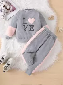 SHEIN Toddler Girls Letter And Heart Embroidery Contrast Panel Sweatshirt & Sweatpants