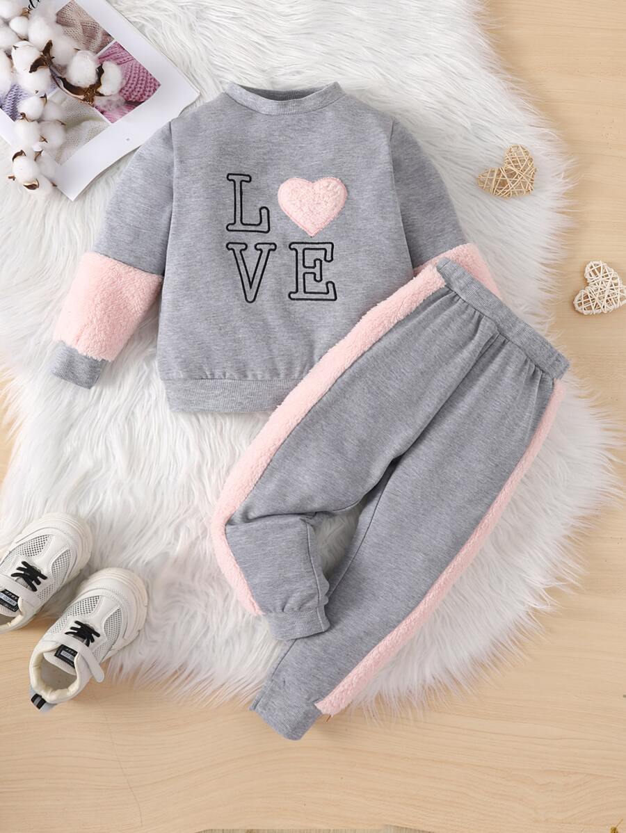 SHEIN Toddler Girls Letter And Heart Embroidery Contrast Panel Sweatshirt & Sweatpants
