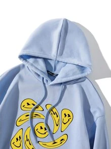 SHEIN Unity Hoodie In mặt cười Dây rút Lót nhiệt - Màu xanh nhạt - Xem 4