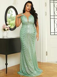 seomiscky Plus Mesh Panel Sequin Formal Dress - Mint Green - View 4