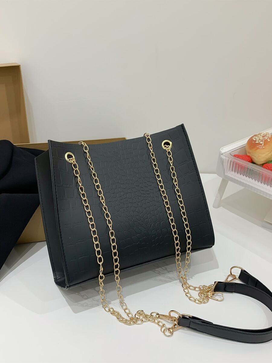 鱷魚壓紋鏈條方包 - 黑色 - 查看 1