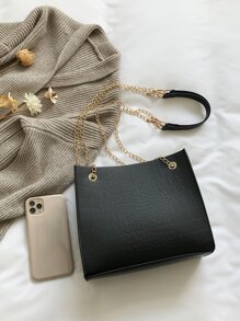 鱷魚壓紋鏈條方包 - 黑色 - 查看 5