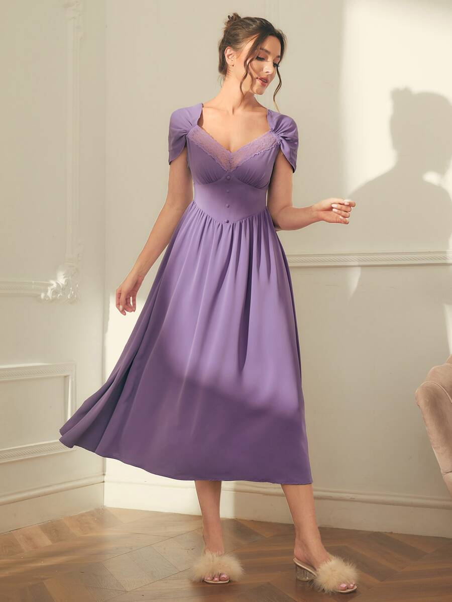 SHEIN Unity Contrast Lace Fake Button Sweetheart Neck Nightdress - Lilac Purple - View 1