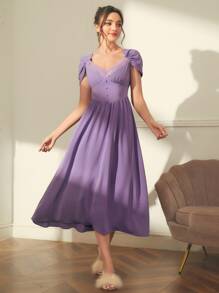 SHEIN Unity Contrast Lace Fake Button Sweetheart Neck Nightdress - Lilac Purple - View 5