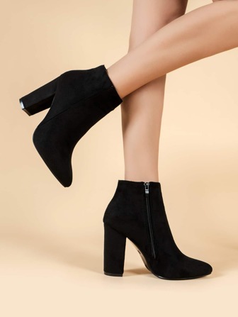 Fall/Winter Match Tops, Women's Black Chunky Heel Zipper Side Boots, Elegant Point Toe Classic Boots,Boots For Women