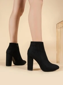 秋冬搭配上衣，女士黑色粗跟拉链侧靴，优雅尖头经典靴，女士靴子 - 黑色 - 查看 2