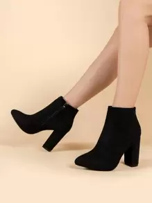 秋冬搭配上衣，女士黑色粗跟拉链侧靴，优雅尖头经典靴，女士靴子 - 黑色 - 查看 3