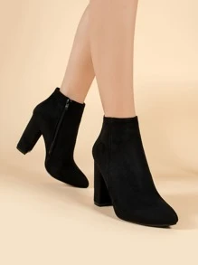 秋冬搭配上衣，女士黑色粗跟拉链侧靴，优雅尖头经典靴，女士靴子 - 黑色 - 查看 4
