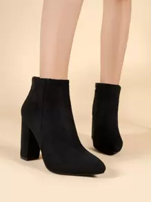 秋冬搭配上衣，女士黑色粗跟拉链侧靴，优雅尖头经典靴，女士靴子 - 黑色 - 查看 6