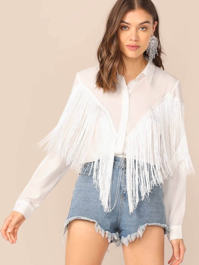 Mulvari Chevron Fringe Trim Shirt,Long Sleeve Tops