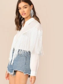 Seusyu Chevron Fringe Trim Shirt,Long Sleeve Tops - White - View 3