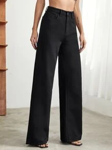 SHEIN Essnce Jeans de pierna ancha con lavado ligero - Negro - Ver 4