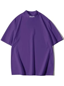 Manfinity Roghcode Men Letter Embroidered Mock Neck Tee - Purple - View 3