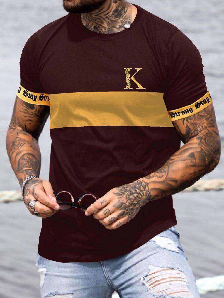 Manfinity Homme 男士字母圖案撞色T恤 - 酒紅色 - 查看 1