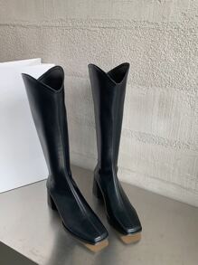 Minimalist Square Toe Chunky Heeled Western Boots - Black - View 1