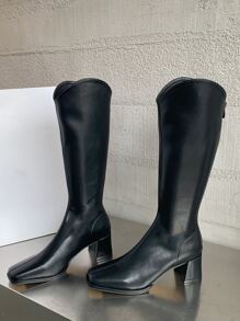Minimalist Square Toe Chunky Heeled Western Boots - Black - View 2