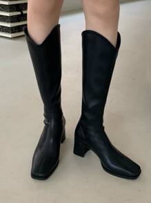 Minimalist Square Toe Chunky Heeled Western Boots - Black - View 4