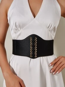 Eyelet Detail Lace Up Front Corset Belt - Black - View 1