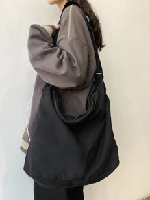 女士大容量水洗黑色帆布包，简约休闲百搭拉链开合单肩包适合日常使用，大学生书包，旅行，潮流街头可折叠斜挎包 - 黑色 - 查看 4
