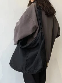 女士大容量水洗黑色帆布包，简约休闲百搭拉链开合单肩包适合日常使用，大学生书包，旅行，潮流街头可折叠斜挎包 - 黑色 - 查看 5