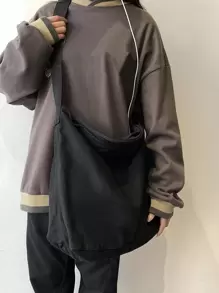 女士大容量水洗黑色帆布包，简约休闲百搭拉链开合单肩包适合日常使用，大学生书包，旅行，潮流街头可折叠斜挎包 - 黑色 - 查看 6