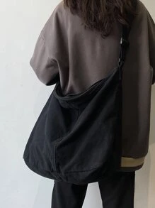 女士大容量水洗黑色帆布包，简约休闲百搭拉链开合单肩包适合日常使用，大学生书包，旅行，潮流街头可折叠斜挎包 - 黑色 - 查看 7