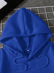 SHEIN EZwear Planet Print Kangaroo Pocket Drawstring Thermal Lined Hoodie - Royal Blue - View 5