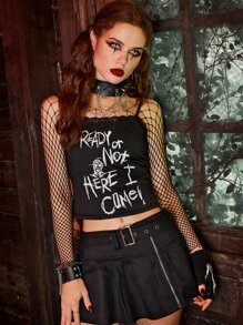 WB Horror | ROMWE Slogan Graphic Contrast Lace Cami Top - Black - View 1