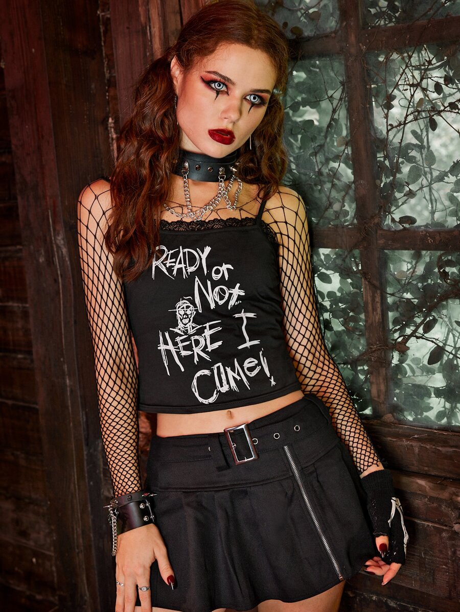 WB Horror | ROMWE Slogan Graphic Contrast Lace Cami Top - Black - View 1
