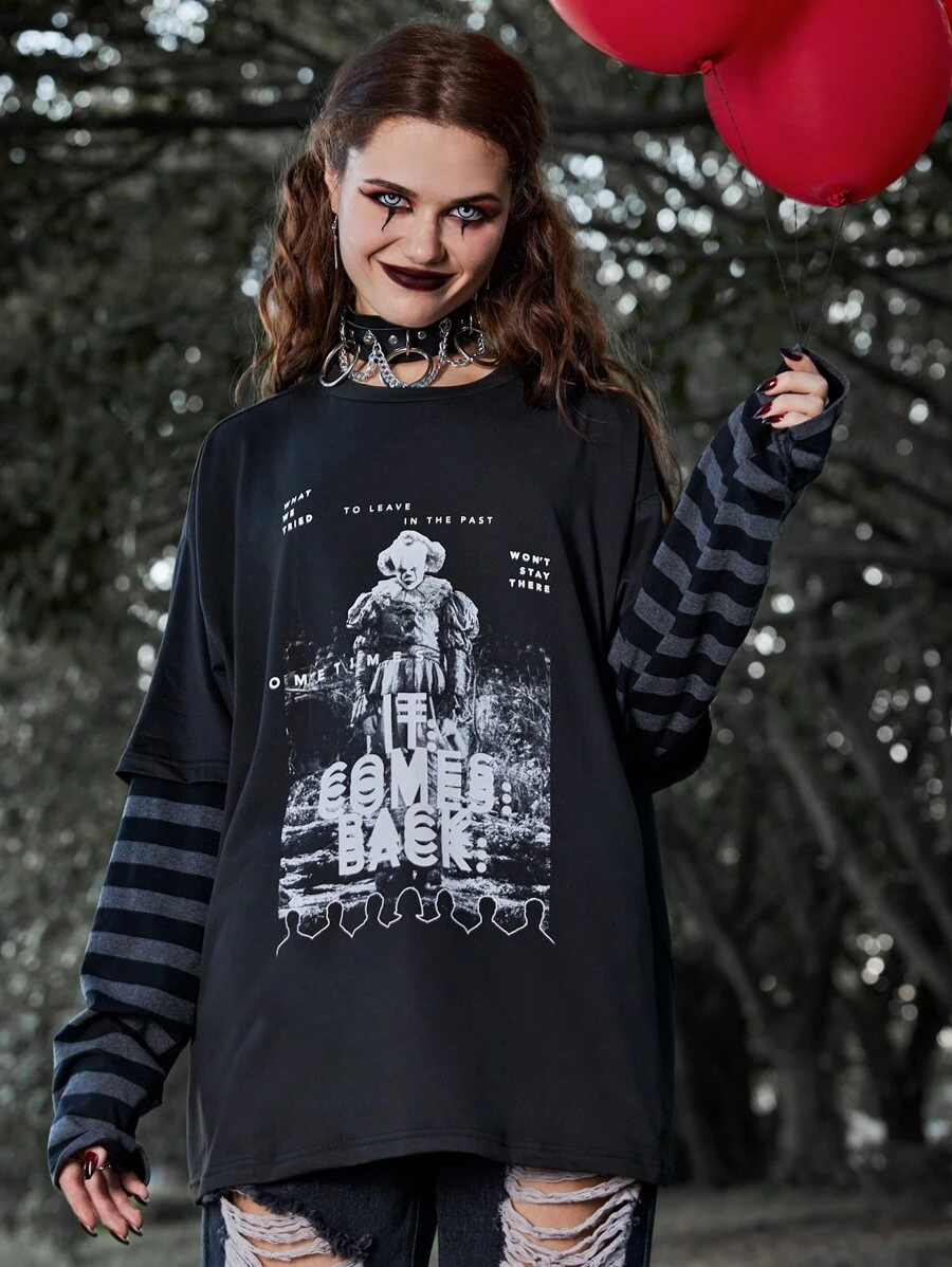 WB Horror | ROMWE Striped Sleeve Figure Graphic Tee - Black - View 1