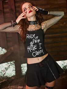 WB Horror | ROMWE Slogan Graphic Contrast Lace Cami Top - Black - View 2