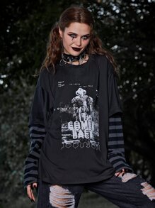 WB Horror | ROMWE Striped Sleeve Figure Graphic Tee - Black - View 2