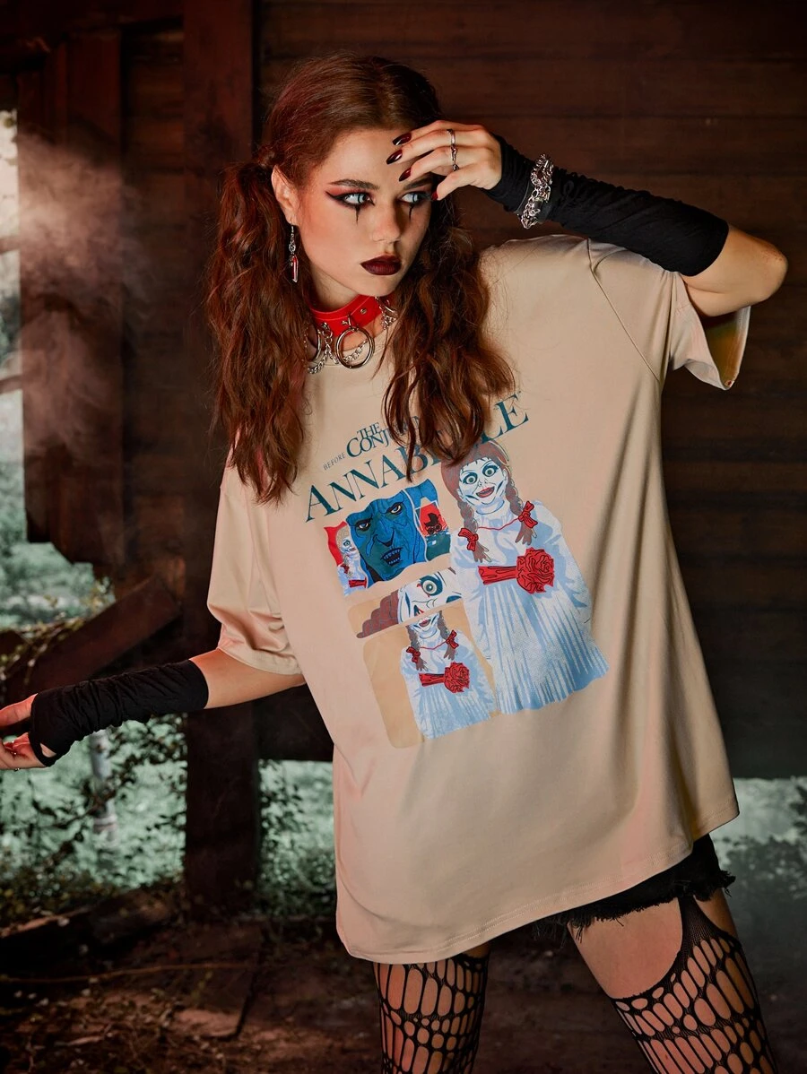 WB Horror | ROMWE Camiseta figura con estampado de letra - Albaricoque - Ver 1