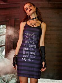 WB Horror | ROMWE Striped Slogan Graphic Cami Dress - Multicolor - View 2