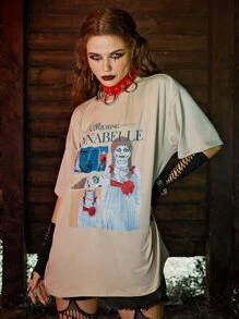WB Horror | ROMWE Camiseta figura con estampado de letra - Albaricoque - Ver 5