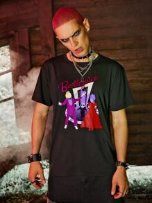 ROMWE MEN WB Horror | ROMWE Guys Letter & Cartoon Graphic Tee - Black - View 1